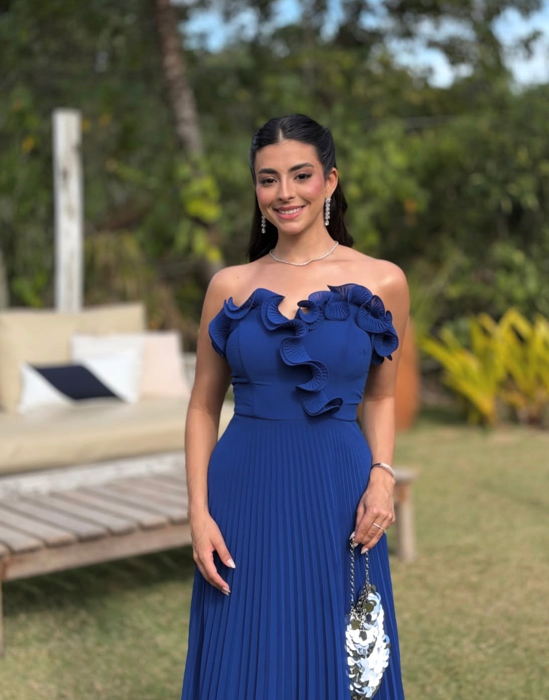 Ruffled Strapless Blue Wedding Guest Dress Pleated Formal Dress J12012