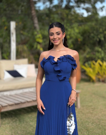 Ruffled Strapless Blue Wedding Guest Dress Pleated Formal Dress J12012