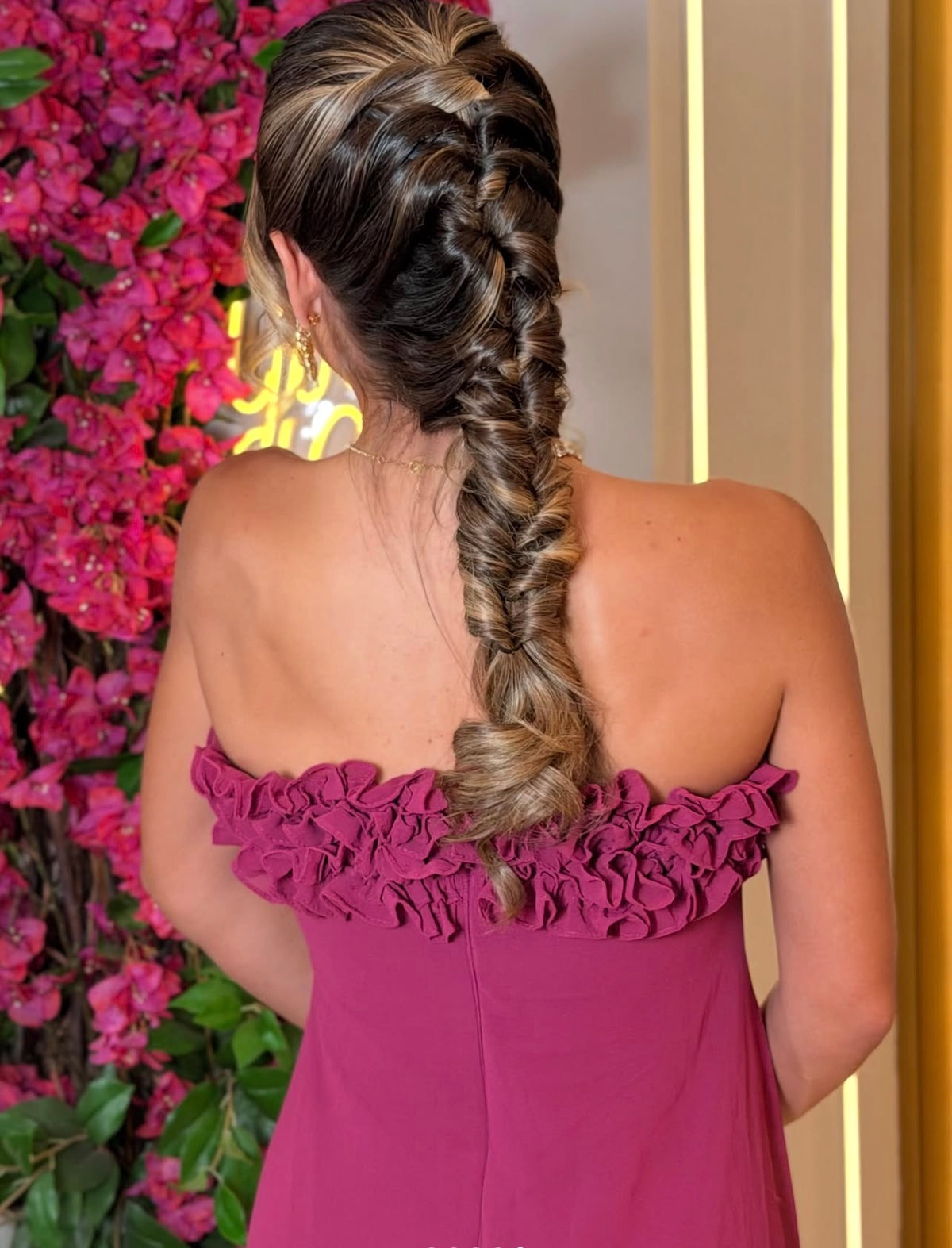 Ruffled Strapless Formal Wedding Guest Dress Fuchsia Chiffon Dress  J12223