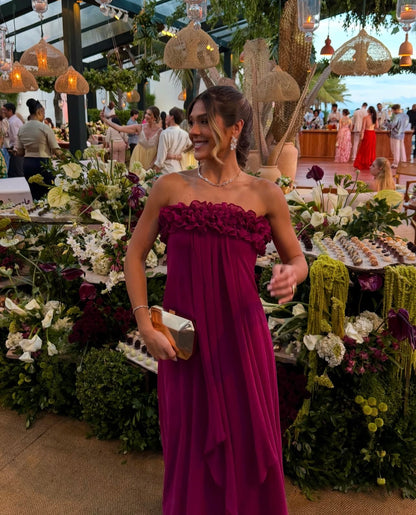 Ruffled Strapless Formal Wedding Guest Dress Fuchsia Chiffon Dress  J12223