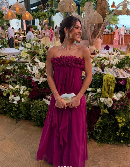Ruffled Strapless Formal Wedding Guest Dress Fuchsia Chiffon Dress  J12223