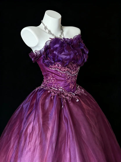 Ruffled Strapless Purple Formal Prom Dress A Line Evening Gown  J11879