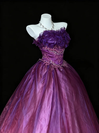 Ruffled Strapless Purple Formal Prom Dress A Line Evening Gown  J11879