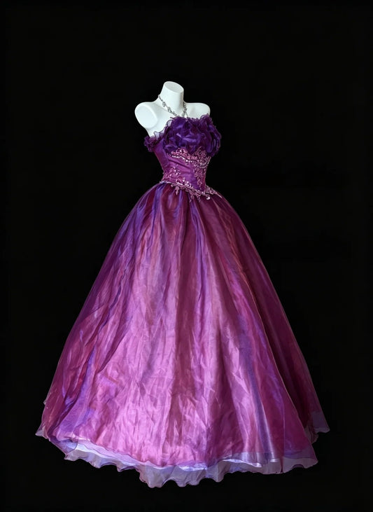 Robe de bal bustier violette en satin avec appliques, robe de soirée formelle J9413