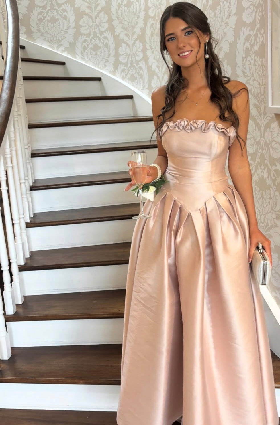 Trägerloses silbernes Vintage-Abendkleid, A-Linie, Geburtstagskleid J9370