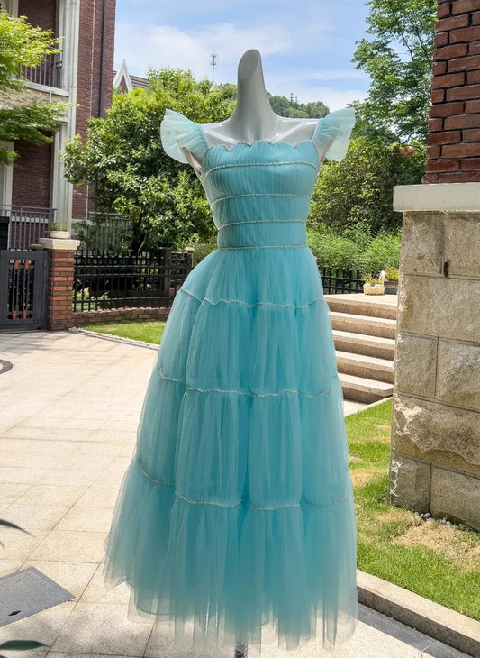 Ruffled Straps A Line Blue Prom Dress Beaded Wedding Guest Dress  J10285