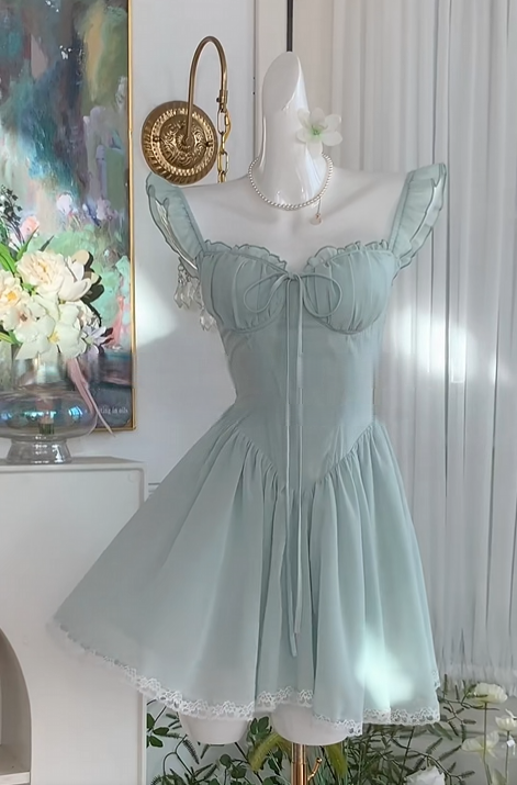 Ruffled Straps A Line Chiffon Homecoming Dress Short Party Dress  J10990