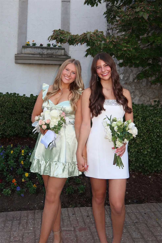 Ruffled Straps A Line Green Satin Homecoming Dress  J11264