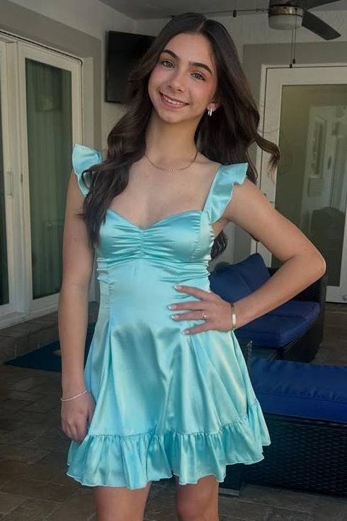 Ruffled Straps Tiffany Blue Satin Homecoming Dress  J11260