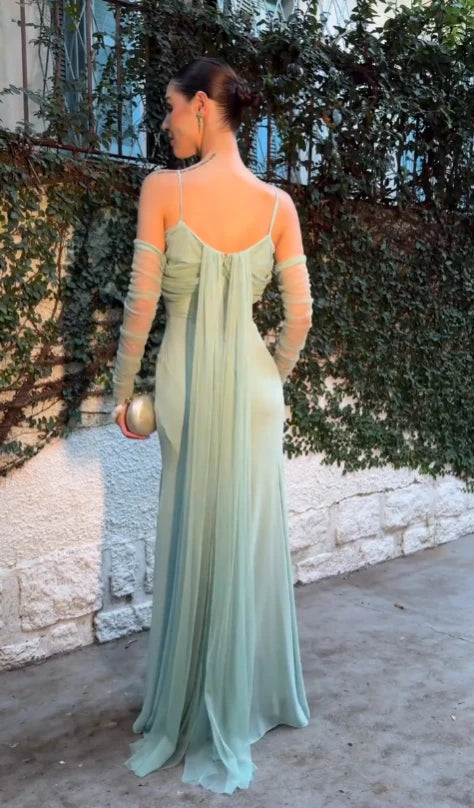 Sage Green Chiffon Maxi Prom Dress Spaghetti Straps Wedding Guest Dress J10032
