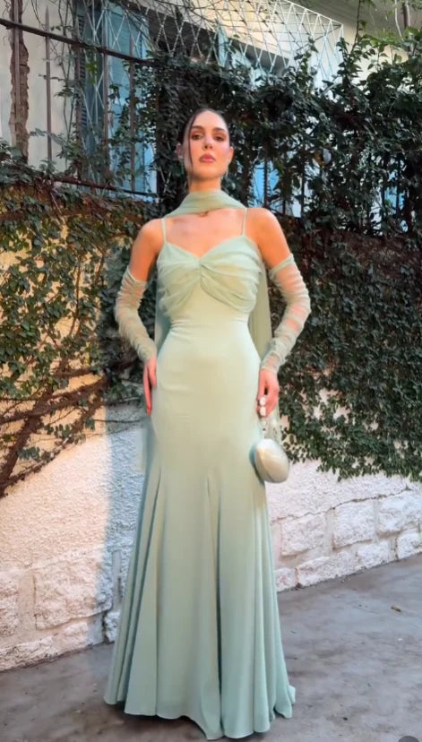 Sage Green Chiffon Maxi Prom Dress Spaghetti Straps Wedding Guest Dress J10032