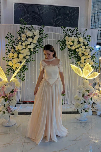 Satin Pearl Champagne Prom Dresses A Line Wedding Guest Dress  J9936