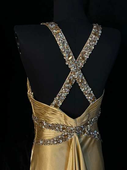 Sequin V Neck Retro Prom Dress Formal Satin Evening Dress  J10135