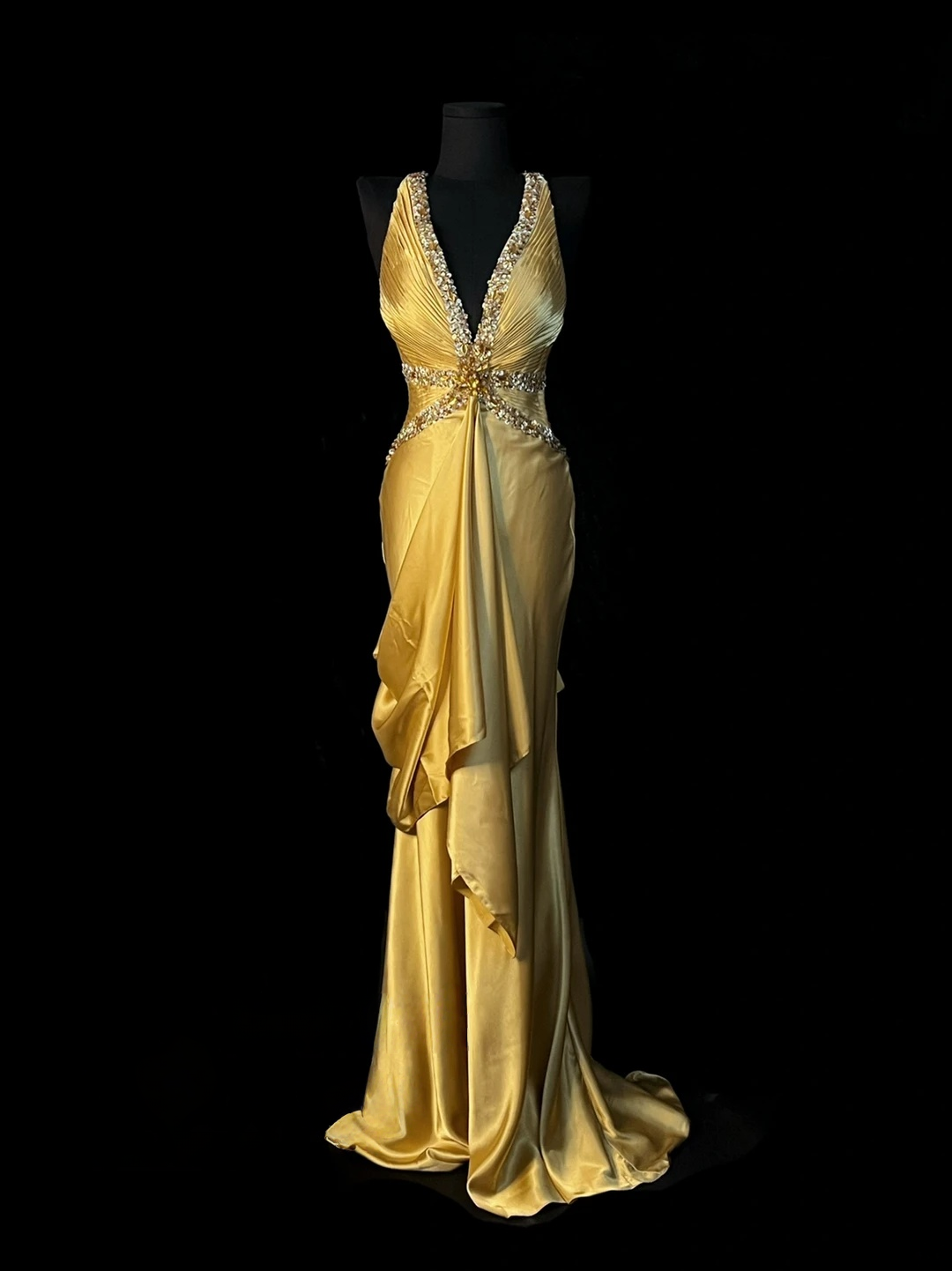 Sequin V Neck Retro Prom Dress Formal Satin Evening Dress  J10135