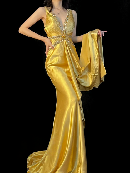 Sequin V Neck Retro Prom Dress Formal Satin Evening Dress  J10135
