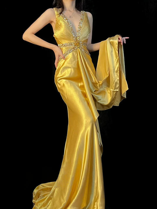 Sequin V Neck Retro Prom Dress Formal Satin Evening Dress  J10135