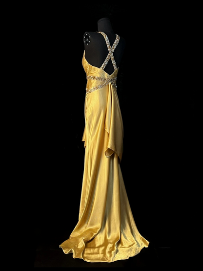 Sequin V Neck Retro Prom Dress Formal Satin Evening Dress  J10135