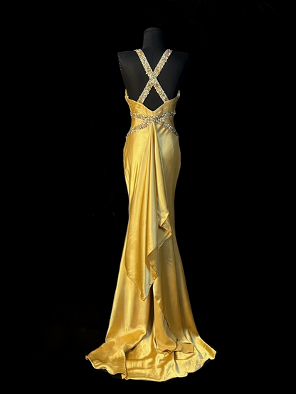 Sequin V Neck Retro Prom Dress Formal Satin Evening Dress  J10135