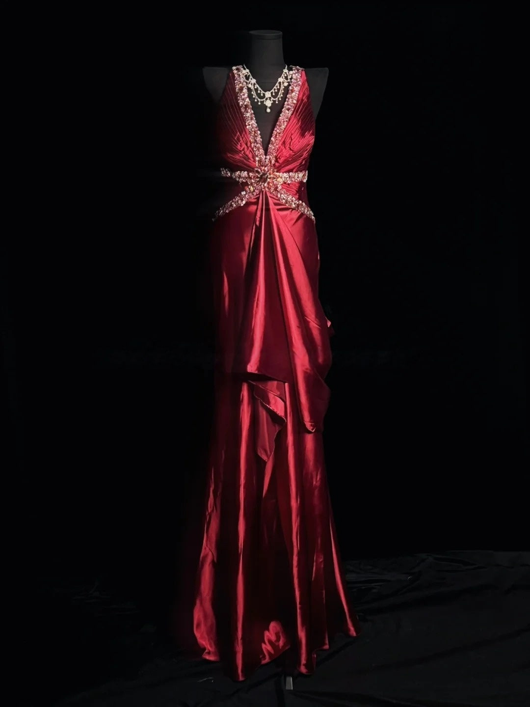 Sequin V Neck Satin Prom Dress Retro Formal Evening Gown J10144