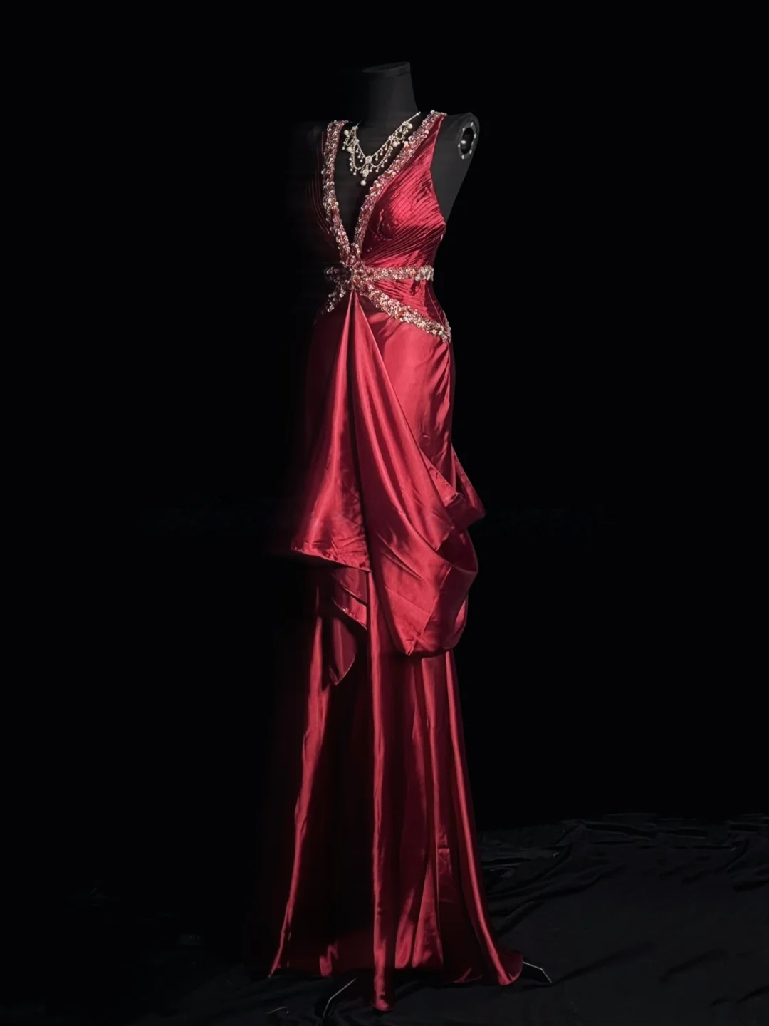 Sequin V Neck Satin Prom Dress Retro Formal Evening Gown J10144