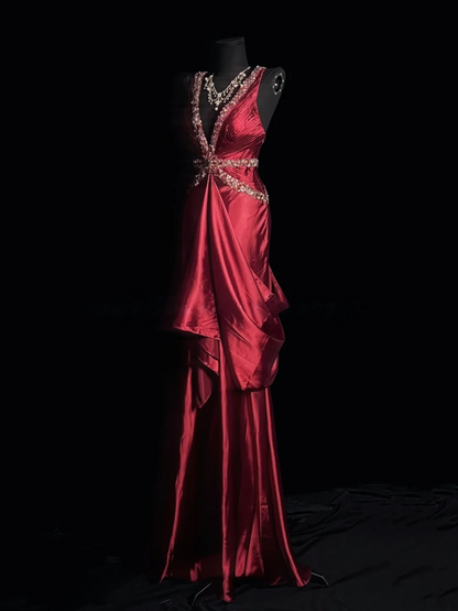 Sequin V Neck Satin Prom Dress Retro Formal Evening Gown J10144