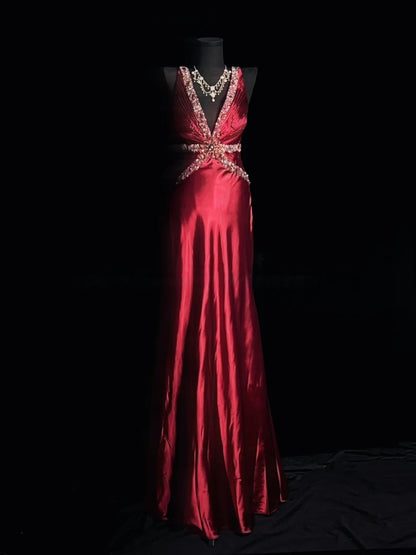 Sequin V Neck Satin Prom Dress Retro Formal Evening Gown J10144