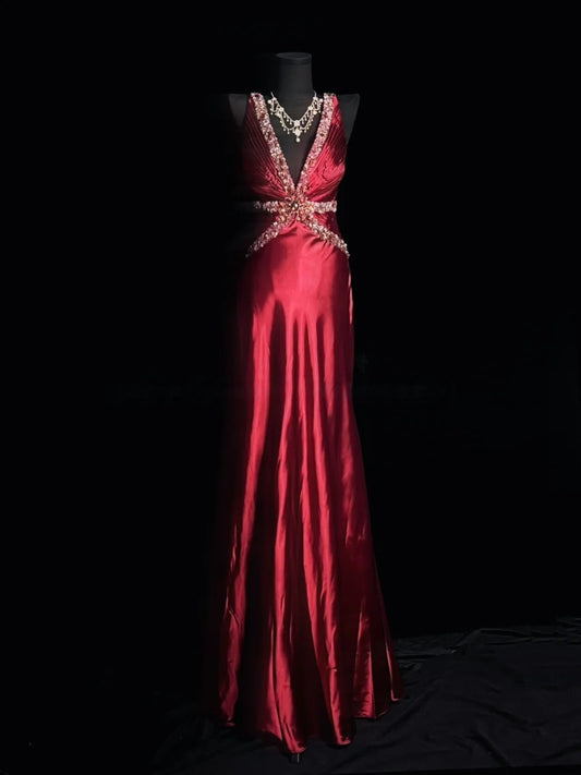Sequin V Neck Satin Prom Dress Retro Formal Evening Gown J10144