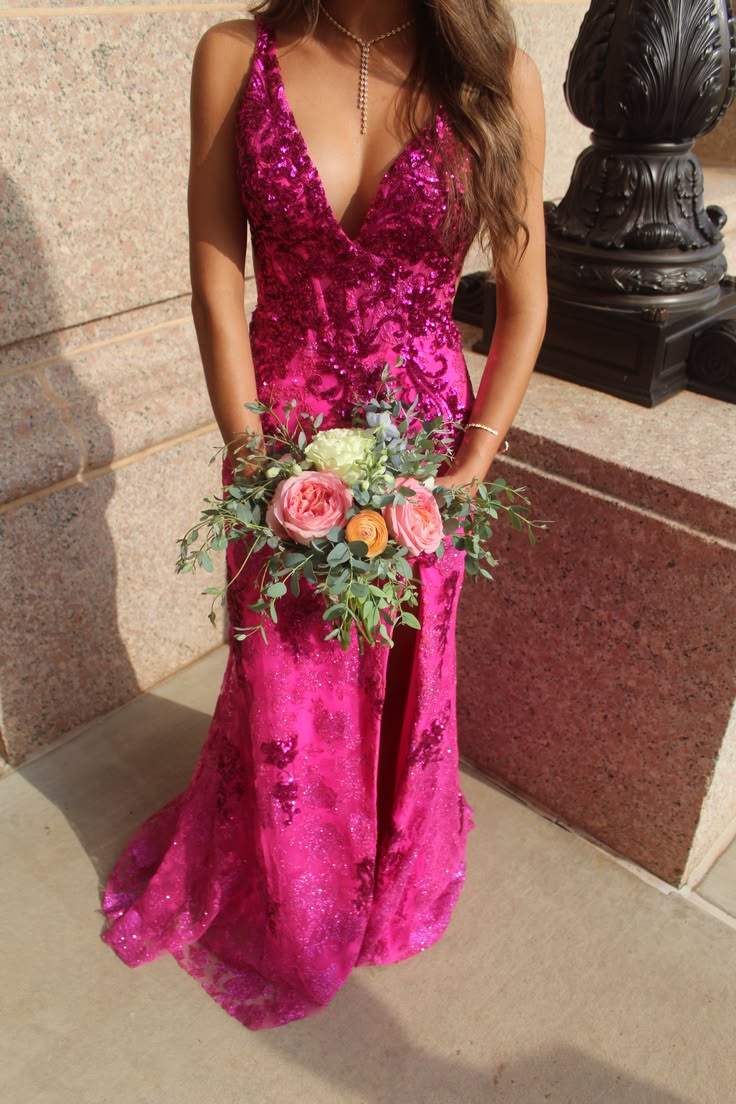 Sequins Lace V Neck Pink Mermaid Formal Prom Dress With Slit  J12024