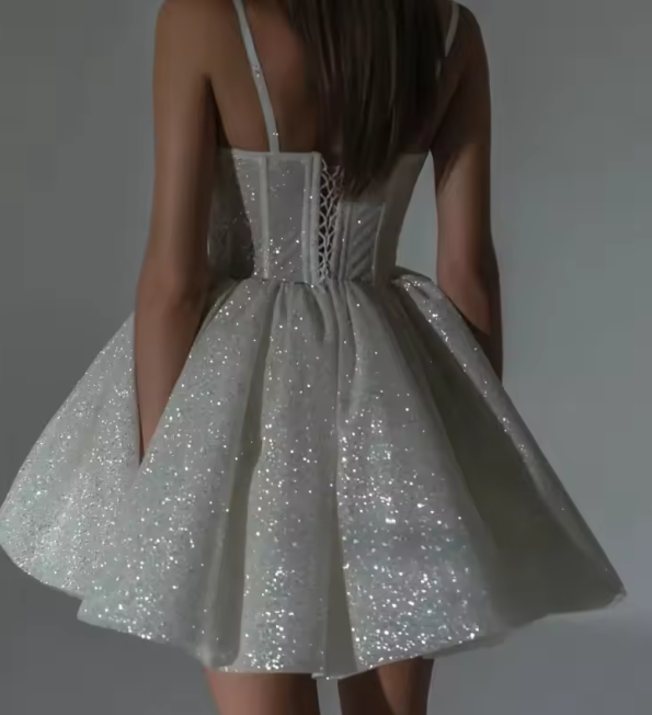 Spaghetti Straps A Line Sparkling Short Dress  