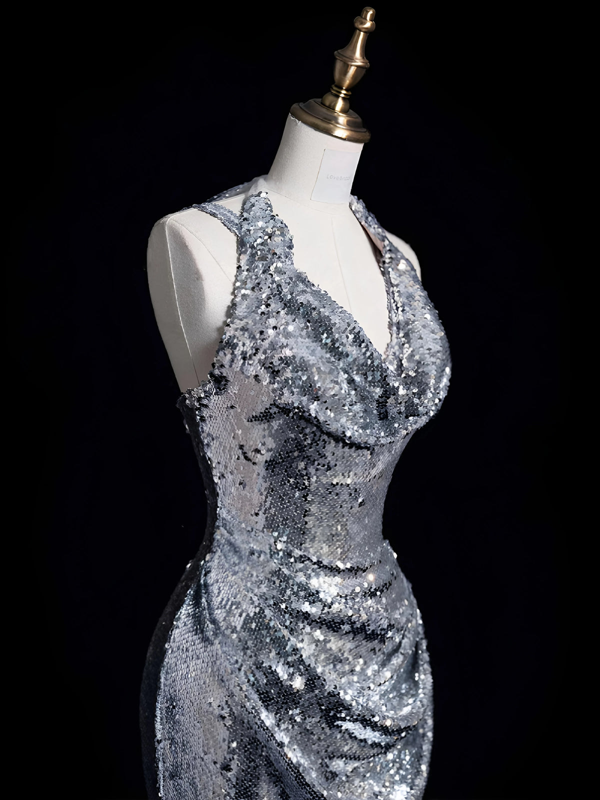 Trägerloses silbernes Vintage-Abendkleid, A-Linie, Geburtstagskleid J9370