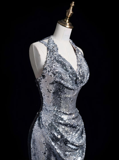 Trägerloses silbernes Vintage-Abendkleid, A-Linie, Geburtstagskleid J9370