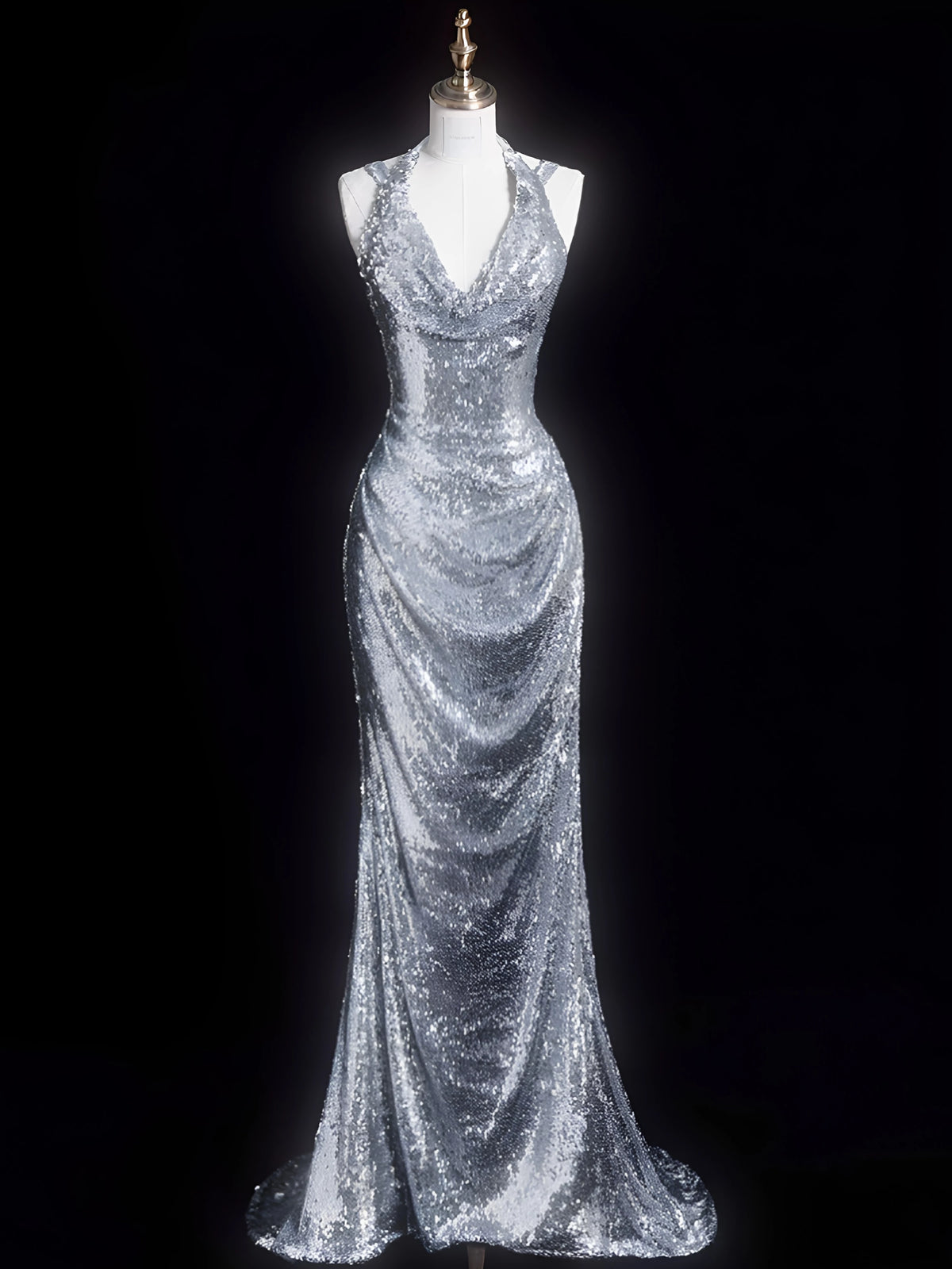 Trägerloses silbernes Vintage-Abendkleid, A-Linie, Geburtstagskleid J9370