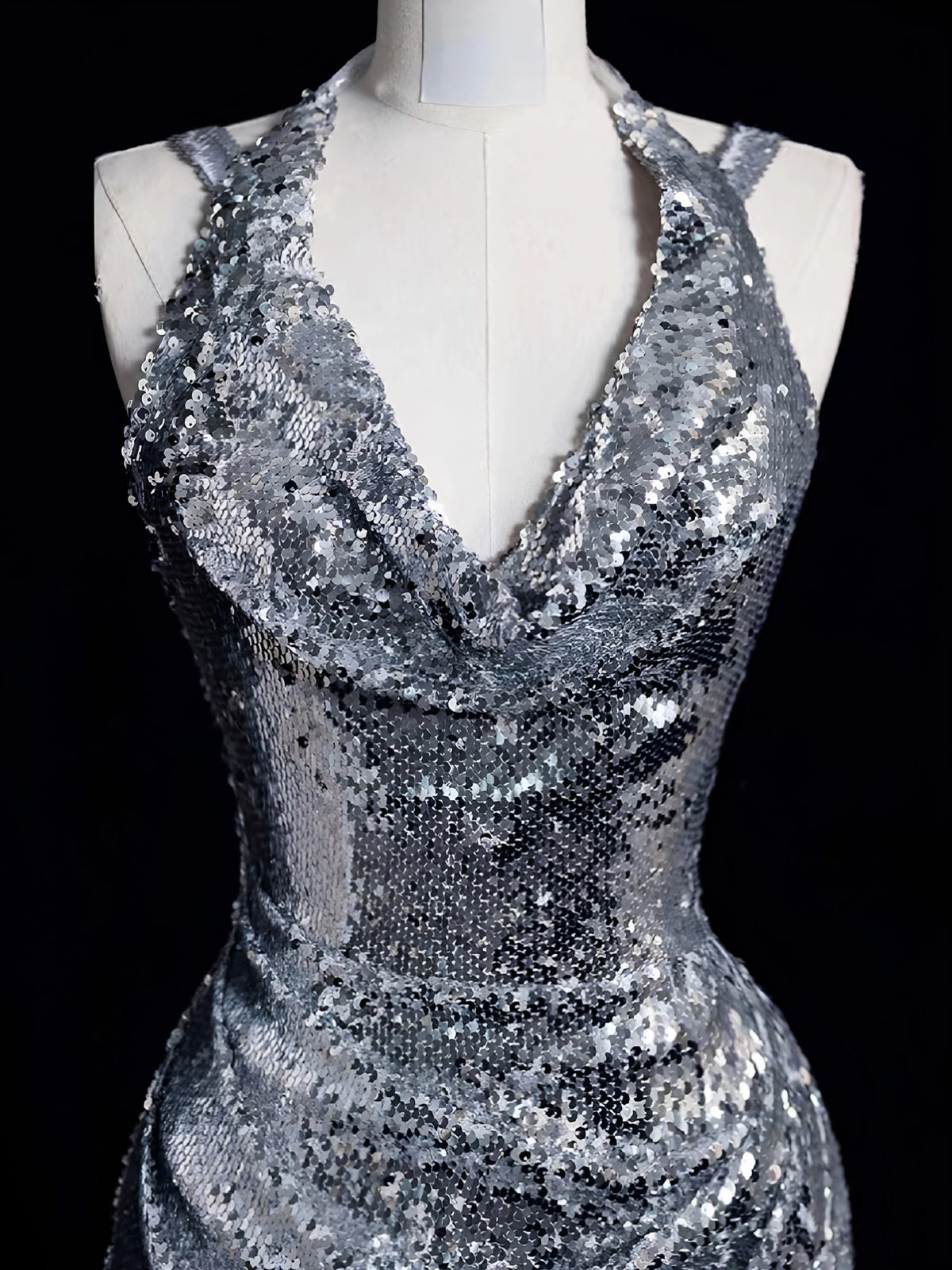 Trägerloses silbernes Vintage-Abendkleid, A-Linie, Geburtstagskleid J9370