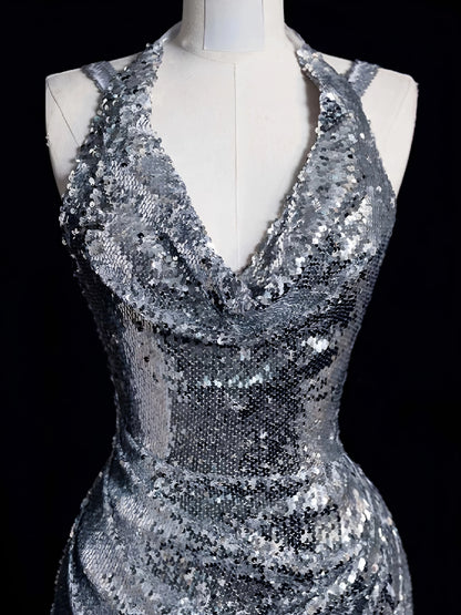 Trägerloses silbernes Vintage-Abendkleid, A-Linie, Geburtstagskleid J9370
