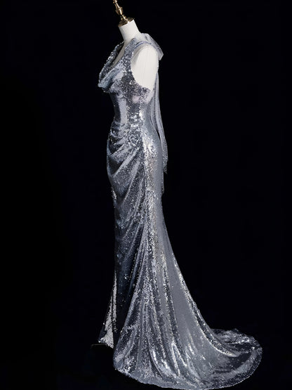 Trägerloses silbernes Vintage-Abendkleid, A-Linie, Geburtstagskleid J9370