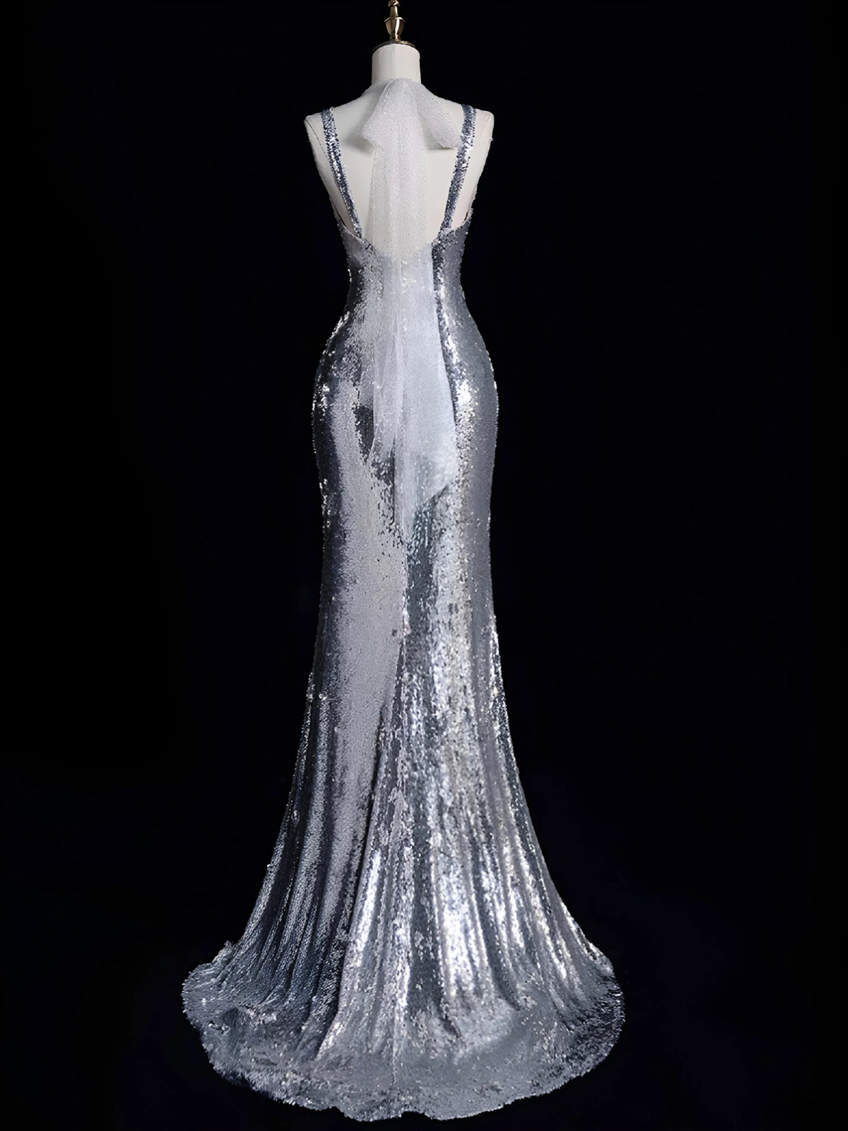 Trägerloses silbernes Vintage-Abendkleid, A-Linie, Geburtstagskleid J9370