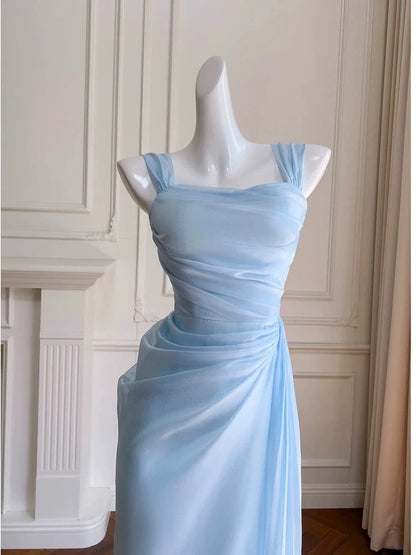 Sky Blue Chiffon Long Evening Party Gowns Formal Prom Dress  J12218