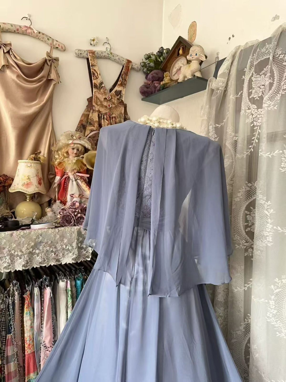 Sleeveless Blue Chiffon Lace Evening Dress Formal Wedding Guest Dress  J11864