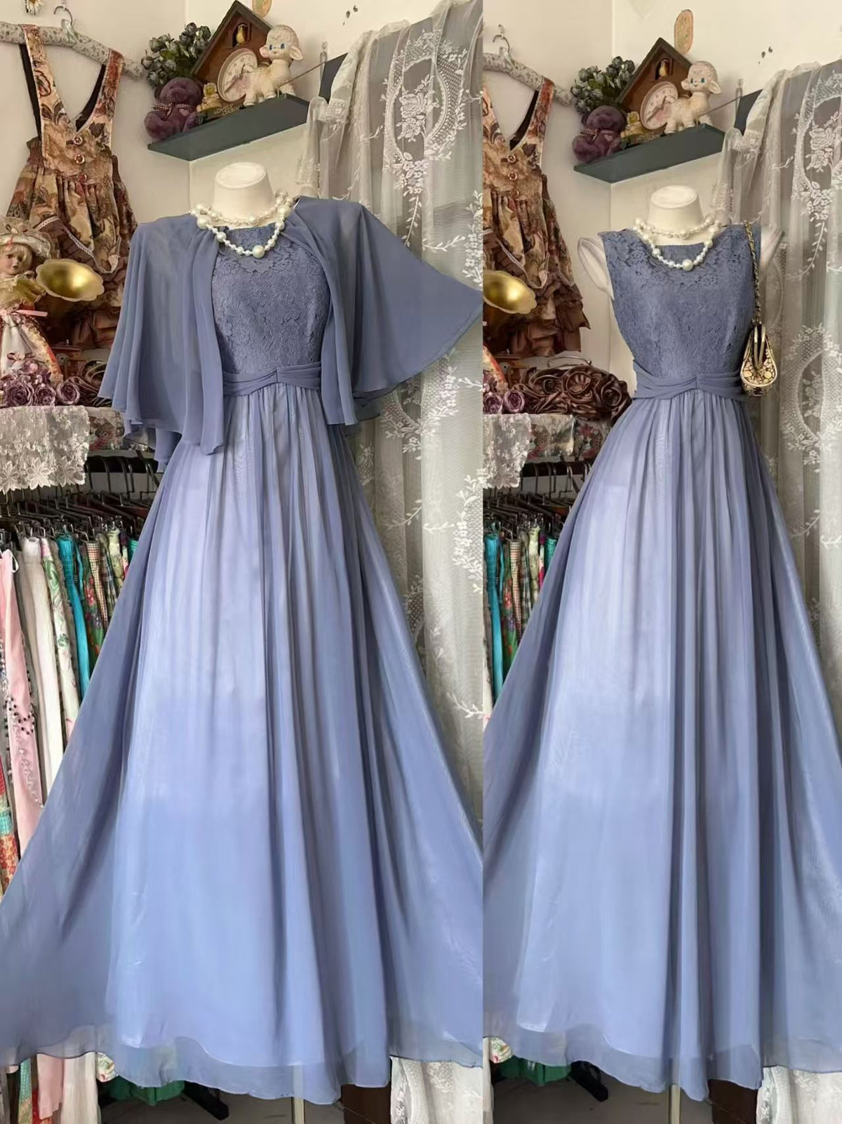 Sleeveless Blue Chiffon Lace Evening Dress Formal Wedding Guest Dress  J11864