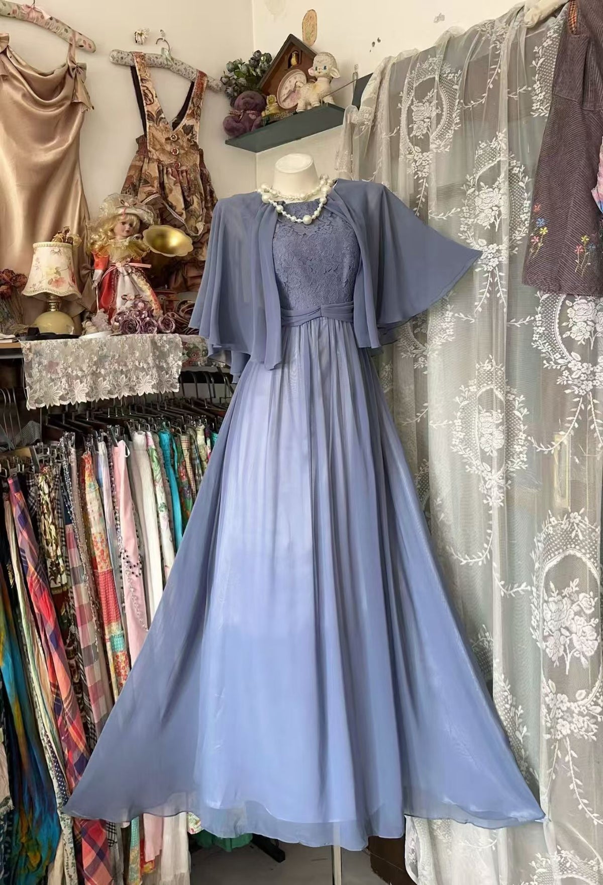 Sleeveless Blue Chiffon Lace Evening Dress Formal Wedding Guest Dress  J11864