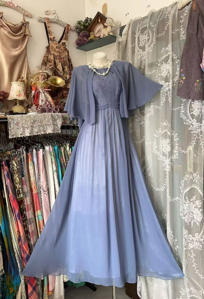 Sleeveless Blue Chiffon Lace Evening Dress Formal Wedding Guest Dress  J11864