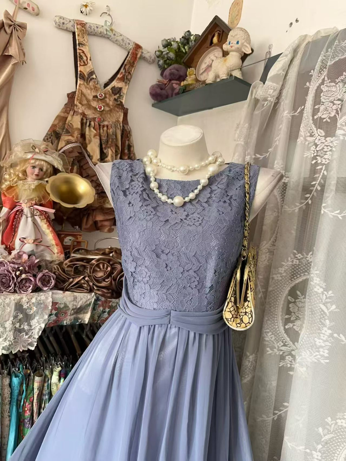 Sleeveless Blue Chiffon Lace Evening Dress Formal Wedding Guest Dress  J11864