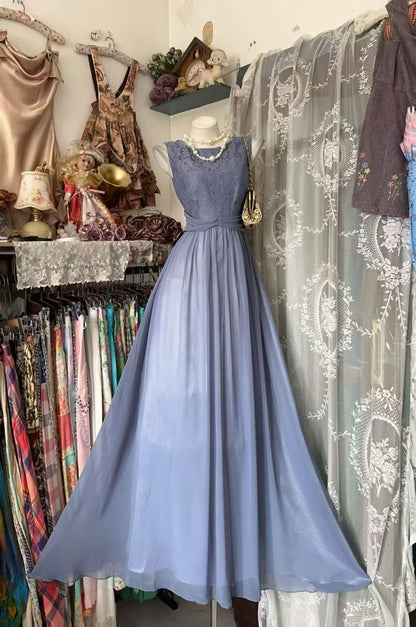 Sleeveless Blue Chiffon Lace Evening Dress Formal Wedding Guest Dress  J11864