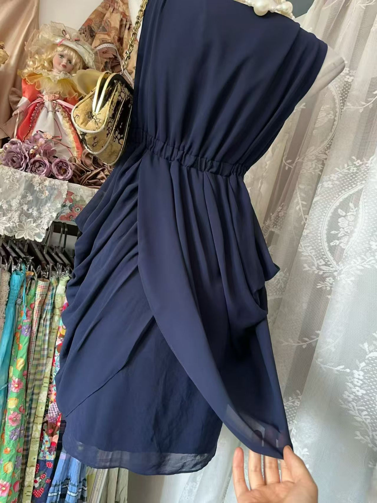 Sleeveless Navy Blue Chiffon Party Dress With Beaded Pearl  J11868