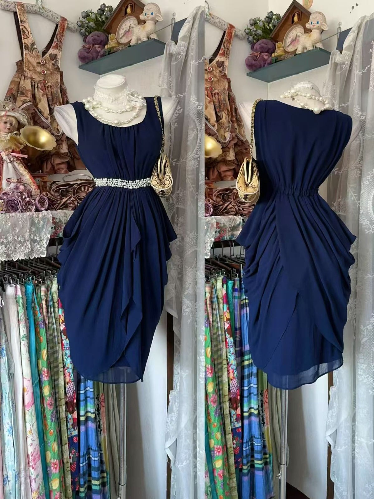 Sleeveless Navy Blue Chiffon Party Dress With Beaded Pearl  J11868