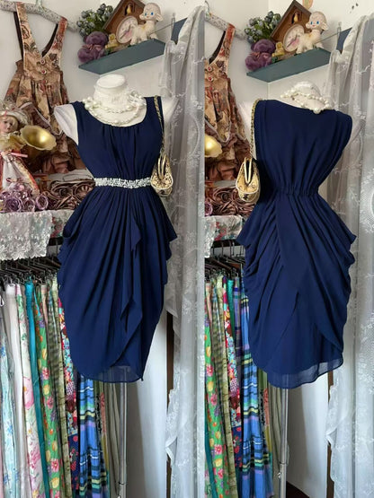 Sleeveless Navy Blue Chiffon Party Dress With Beaded Pearl  J11868