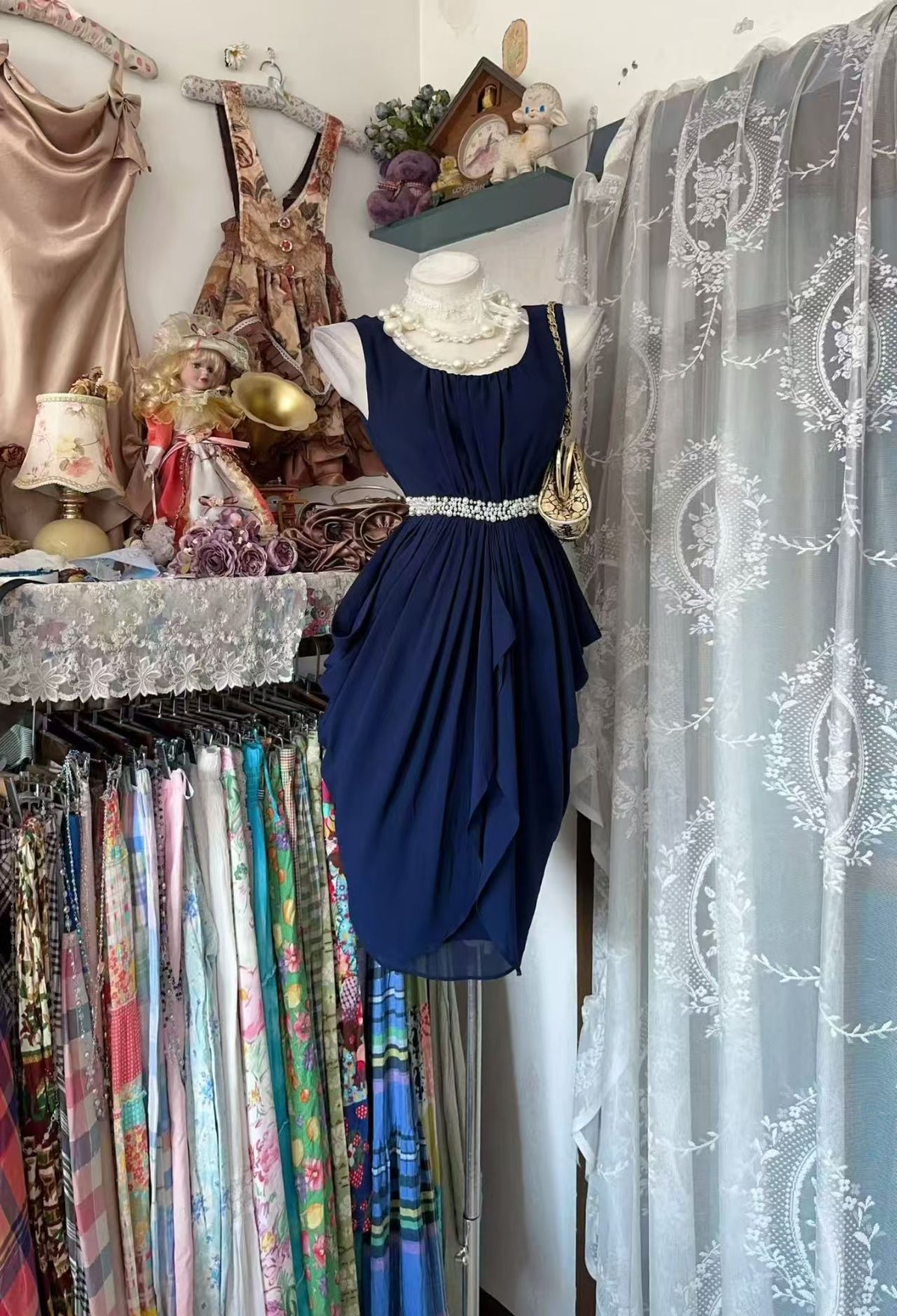 Sleeveless Navy Blue Chiffon Party Dress With Beaded Pearl  J11868
