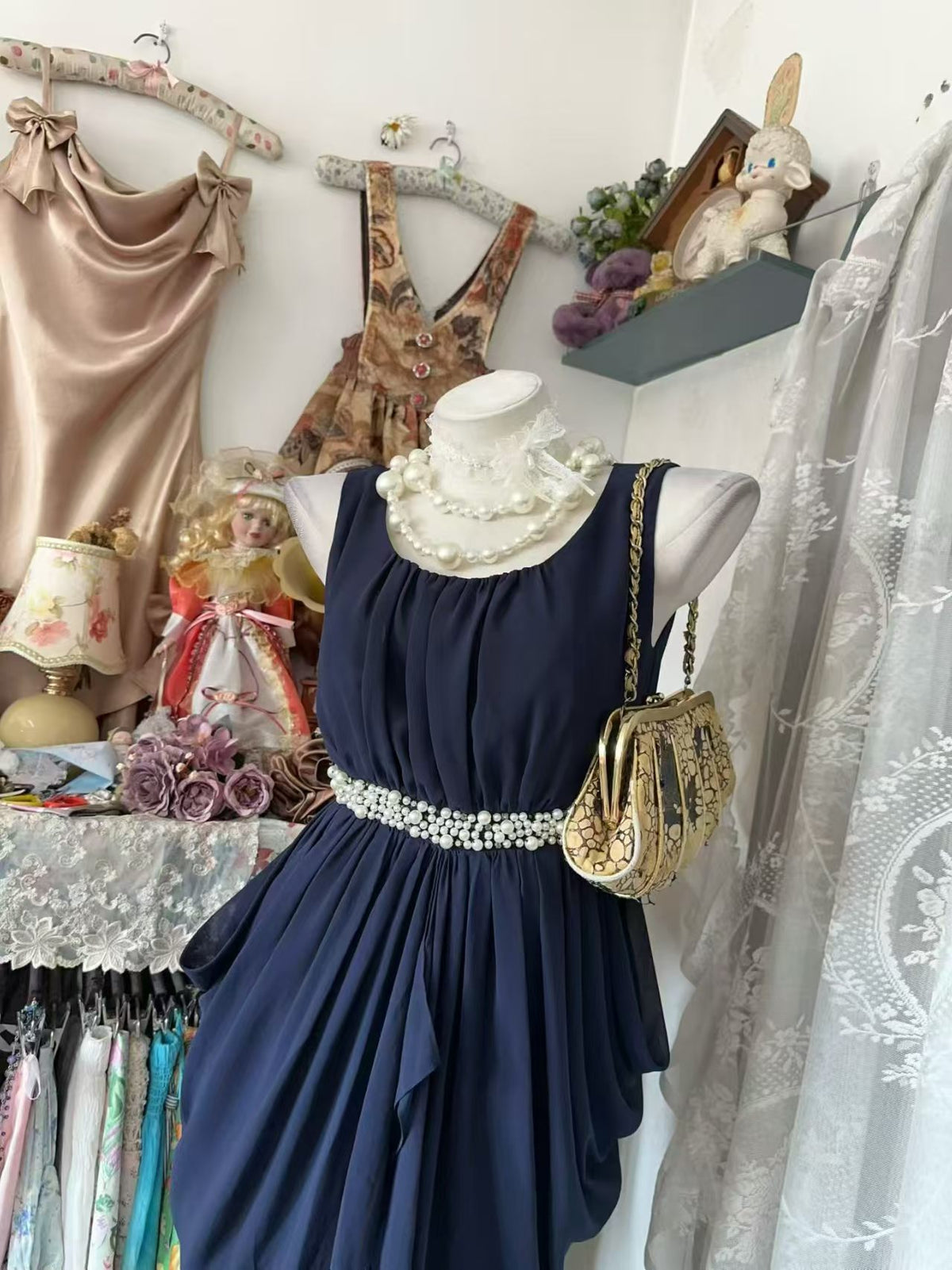 Sleeveless Navy Blue Chiffon Party Dress With Beaded Pearl  J11868