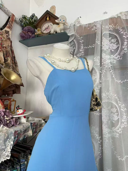 Spaghetti Strap A Line Blue Chiffon Prom Dress  J10517