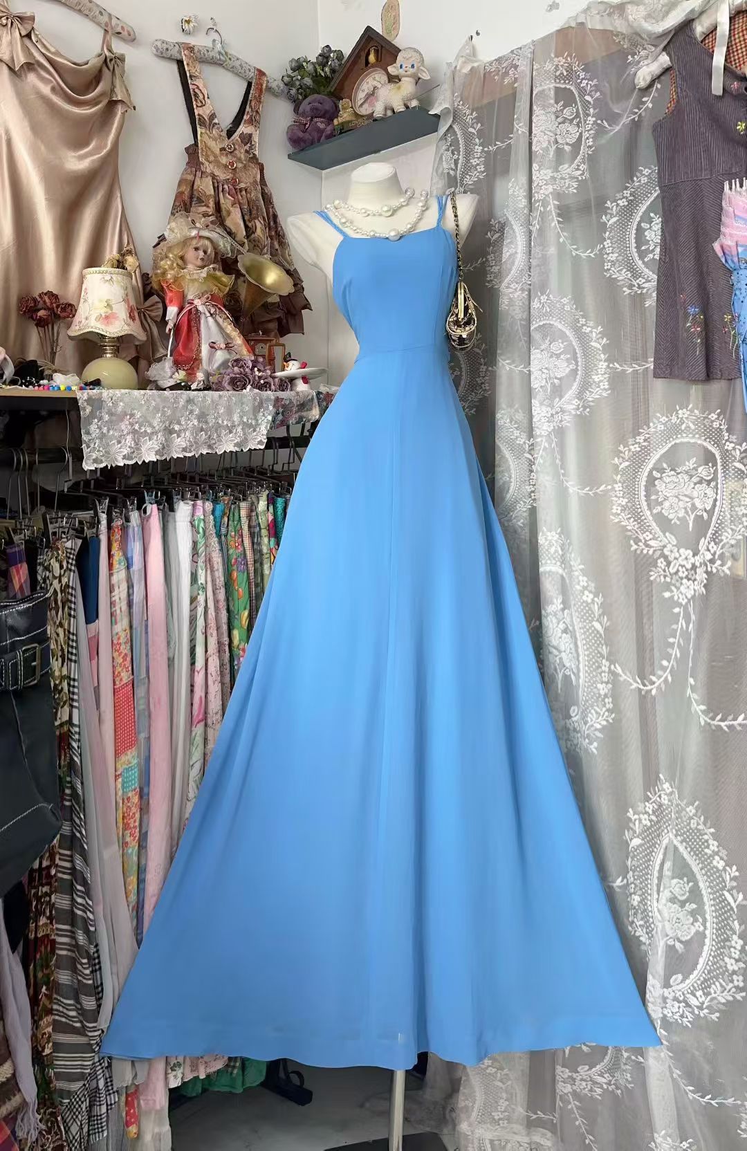 Spaghetti Strap A Line Blue Chiffon Prom Dress  J10517